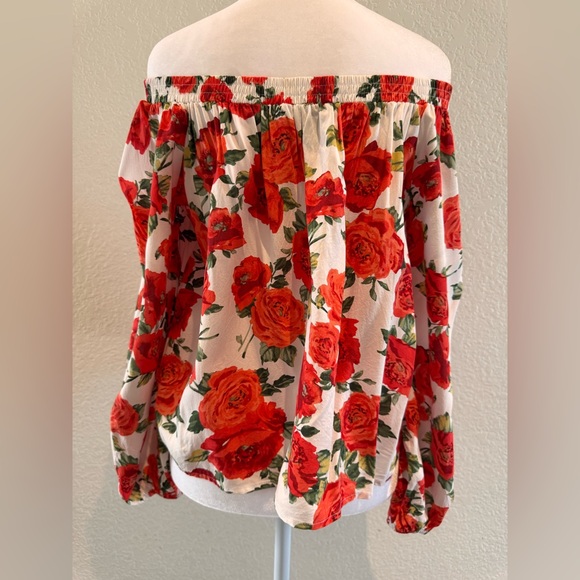 Forever 21 Rose Floral Print Off-the-Shoulder Flowy Top – White/Red – Size S/M - Picture 5 of 16